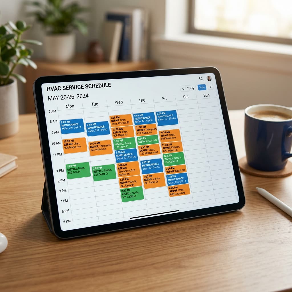 Tablet showing a packed HVAC service calendar with color-coded appointments